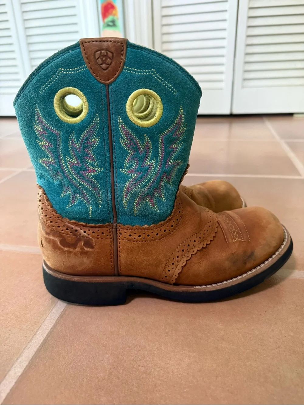 Arita Kids Western Pull-On Boots with Teal Shaft and Brown Leather 4.5